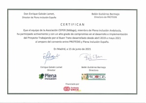 La Asociación CEPER reconocida por el desarrollo del Programa de Buen Trato de PLENA INCLUSIÓN ESPAÑA